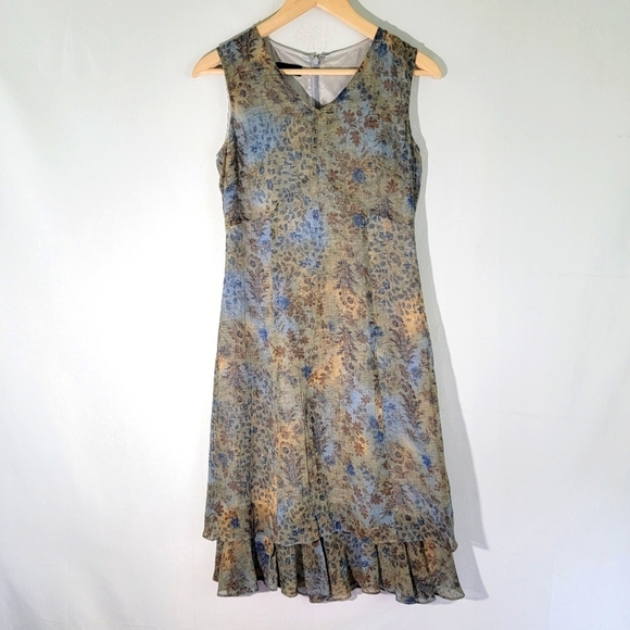 MELANI Women Italian Shift Dress Sz 6 Blue Floral Sleeveless Tiered  Line V-neck - Picture 1 of 11